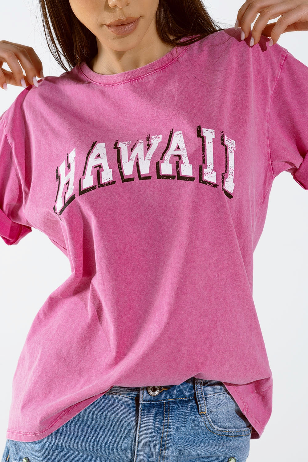 T-shirt Hawaii à effet délavé en Fuschia