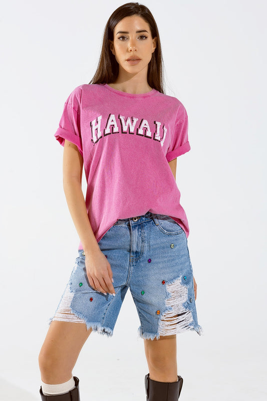 Q2 T-shirt Hawaii à effet délavé en Fuschia