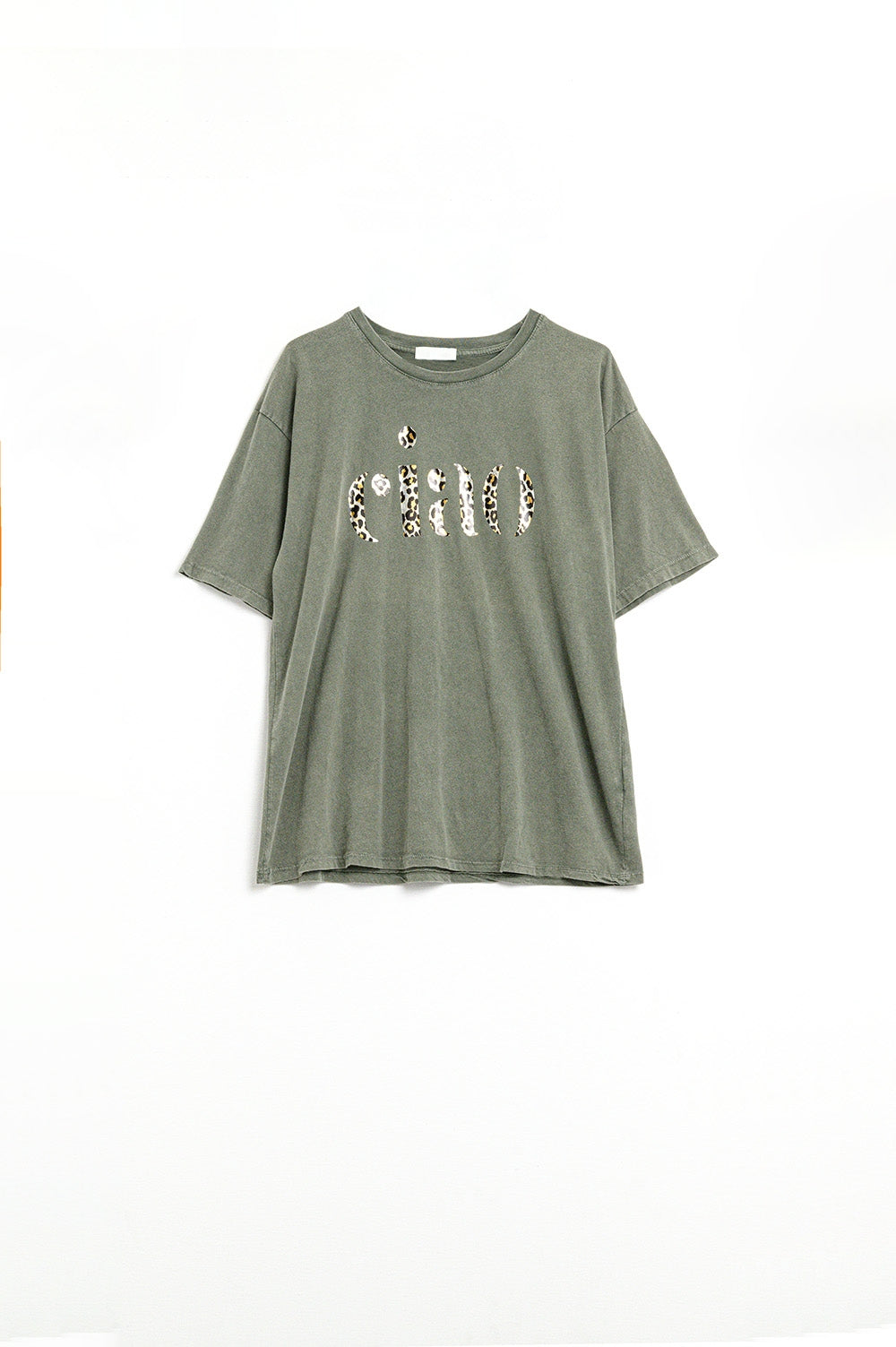 Q2 T-shirt kaki décontracté avec Ciao en imprimé léopard