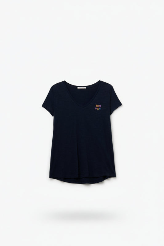 Q2 T-Shirt marine à large encolure et détails textuels