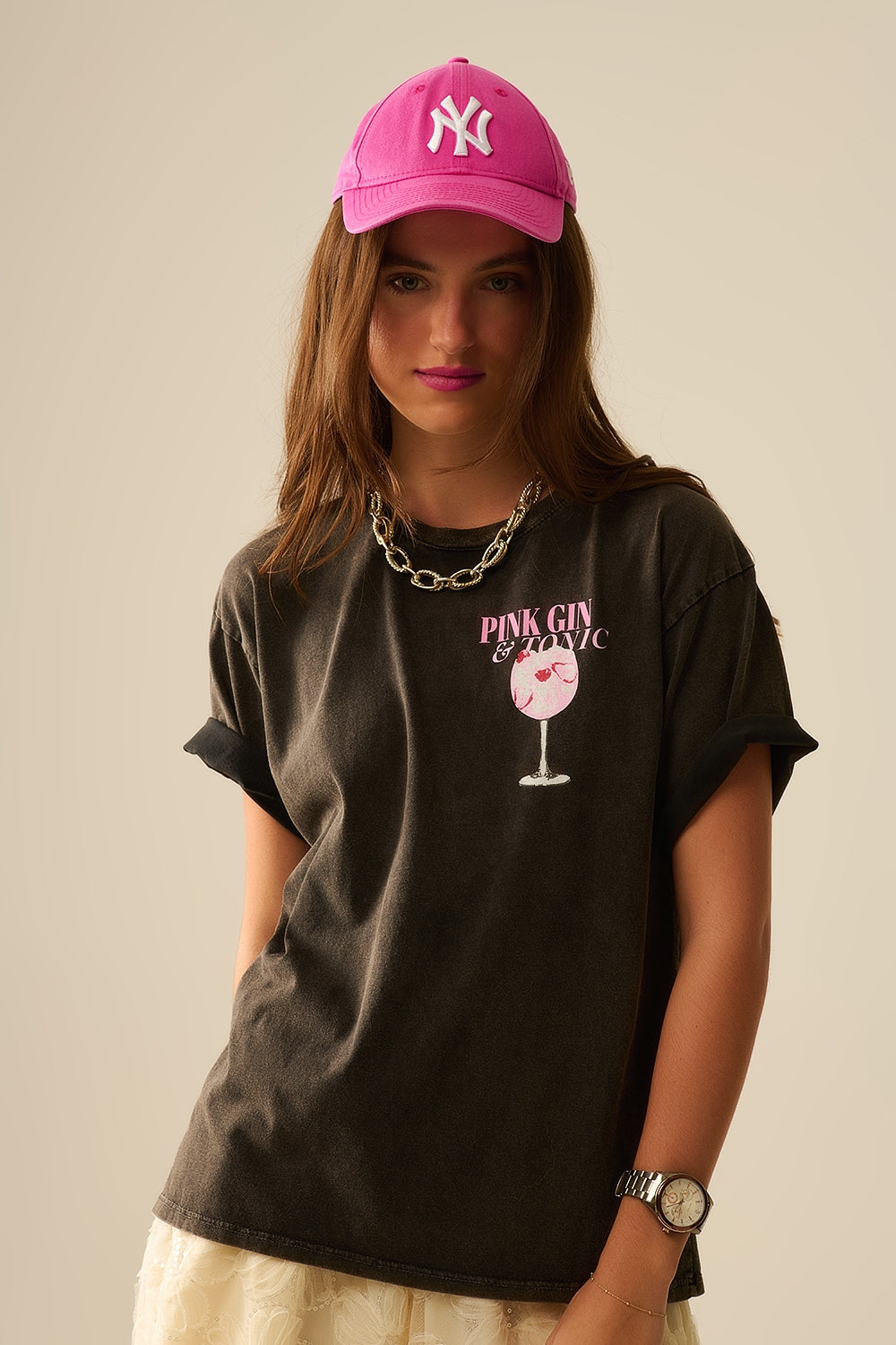 T-shirt noir délavé PINK TONIC
