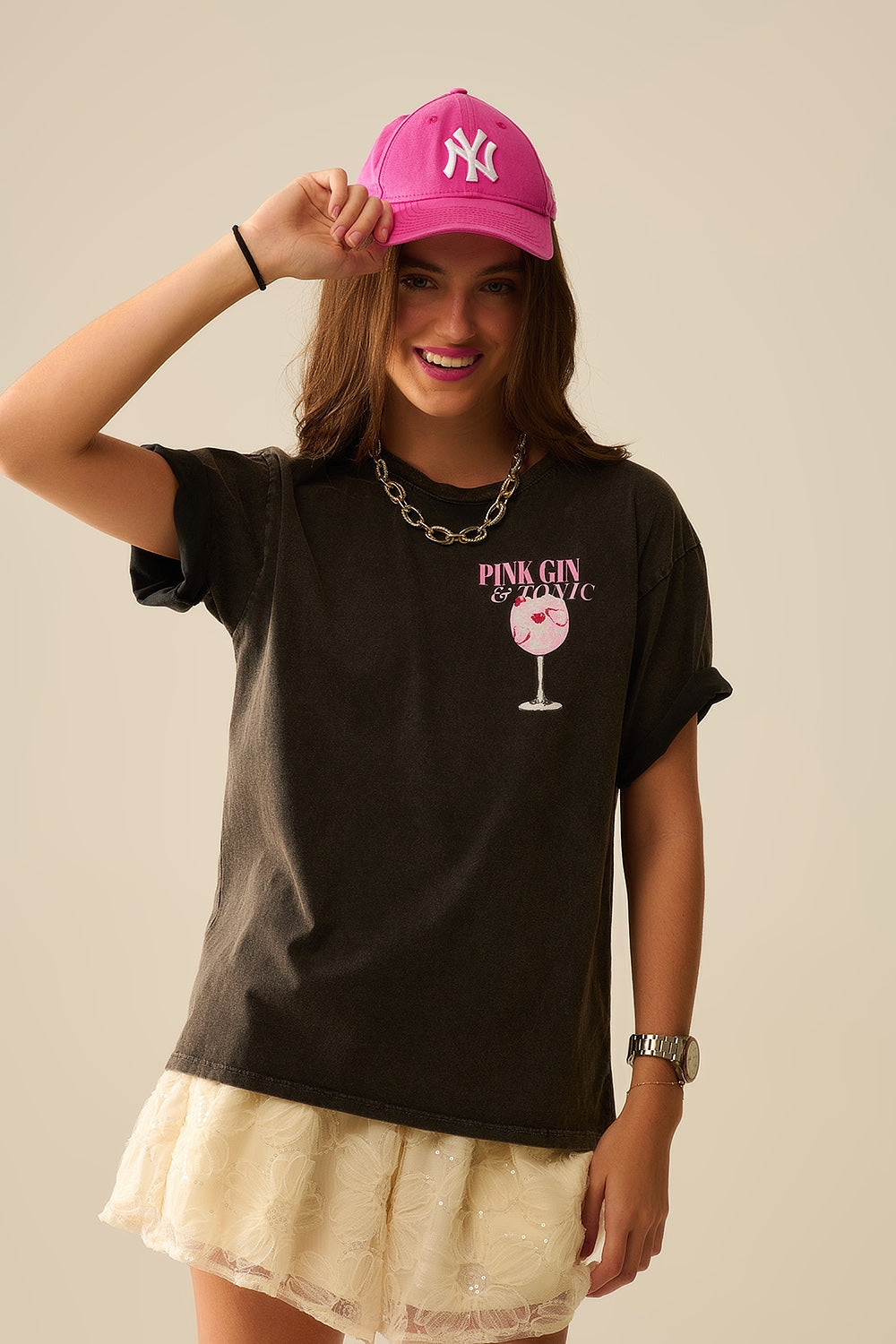 T-shirt noir délavé PINK TONIC