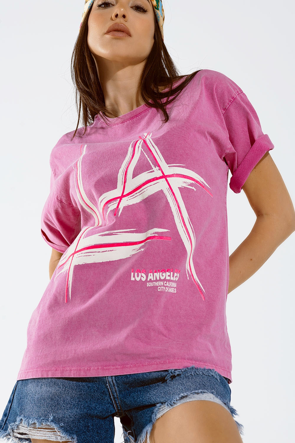 T-shirt oversize fuchsia imprimé LA Los Angeles en blanc et fuchsia