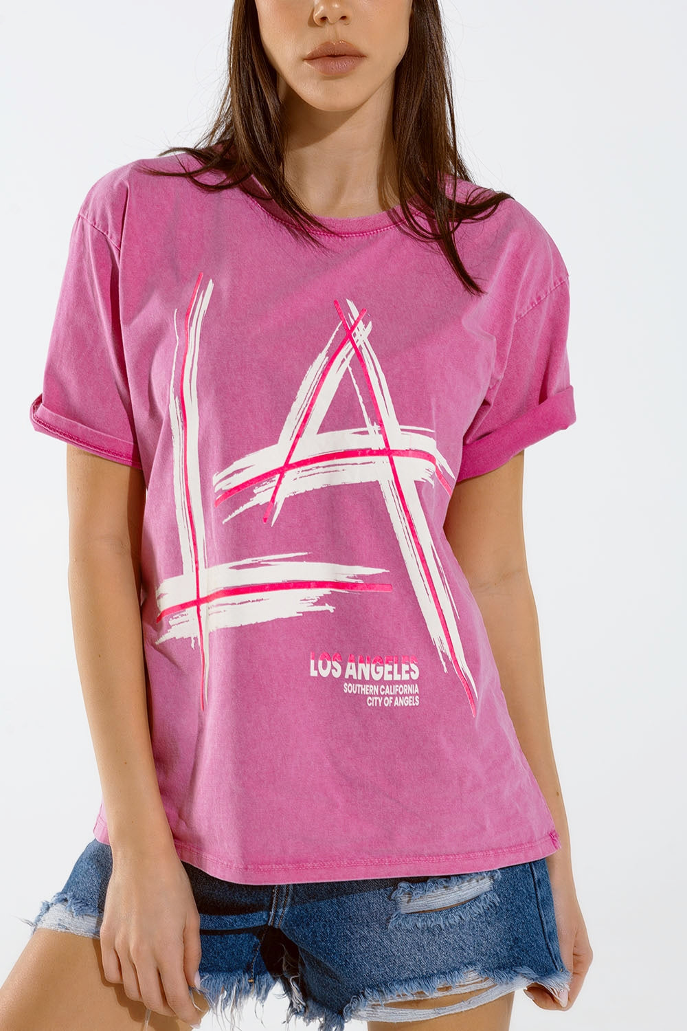 T-shirt oversize fuchsia imprimé LA Los Angeles en blanc et fuchsia