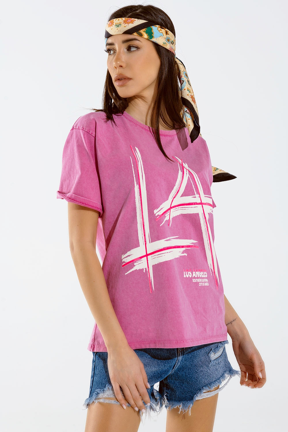 T-shirt oversize fuchsia imprimé LA Los Angeles en blanc et fuchsia