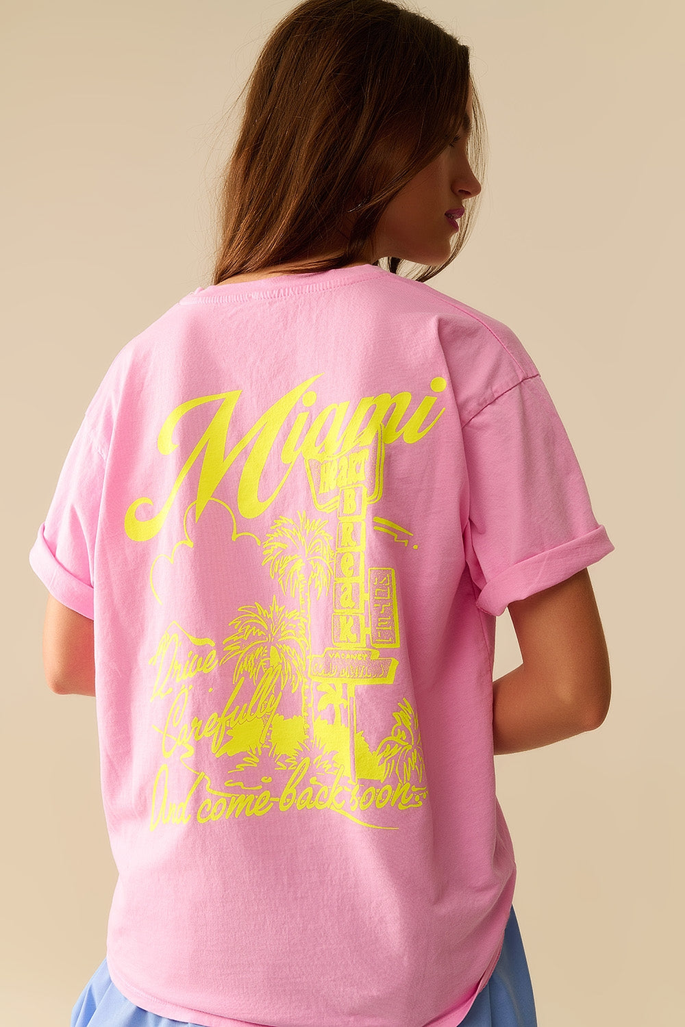T-shirt rose avec logo Miami imprimé en jaune