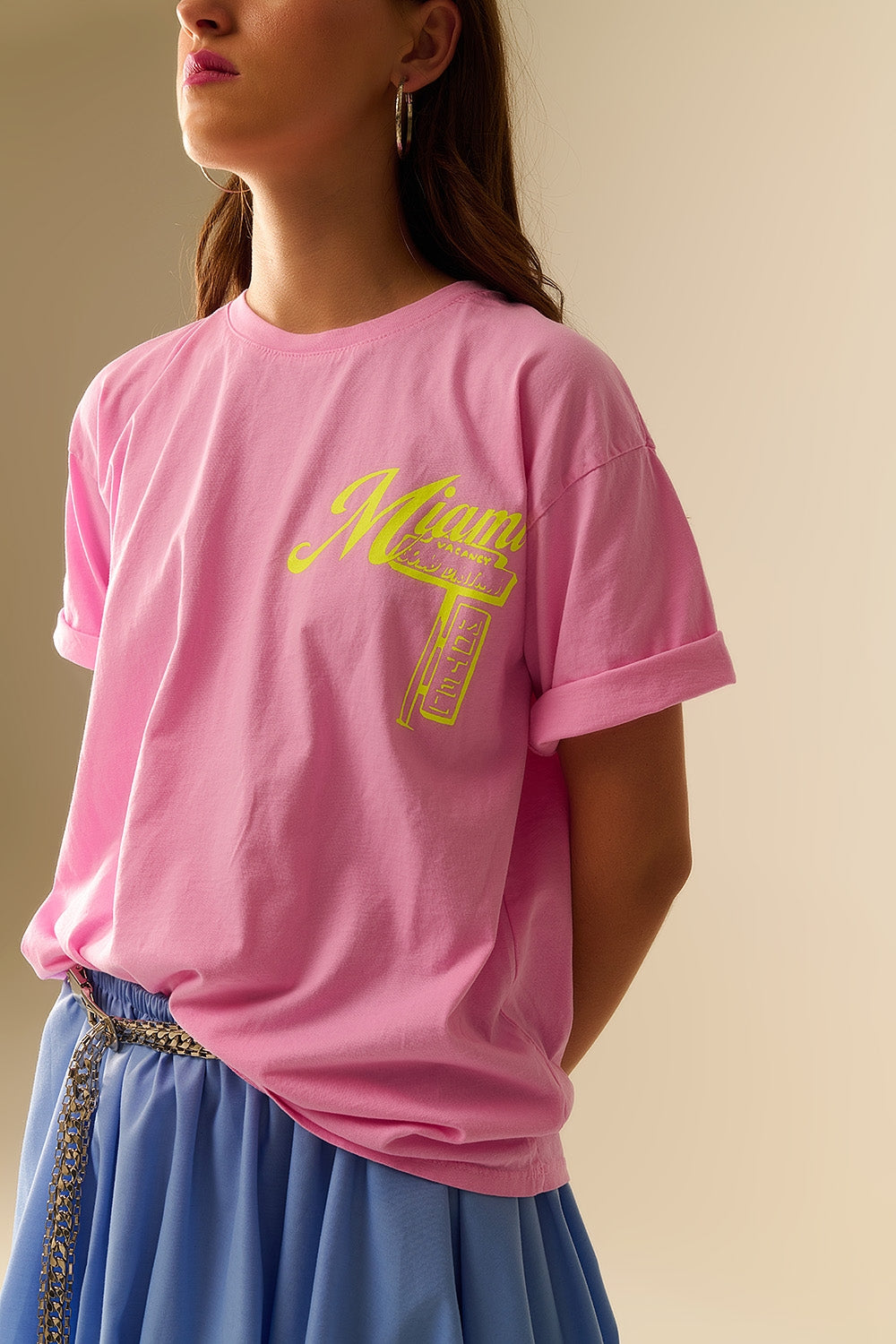T-shirt rose avec logo Miami imprimé en jaune