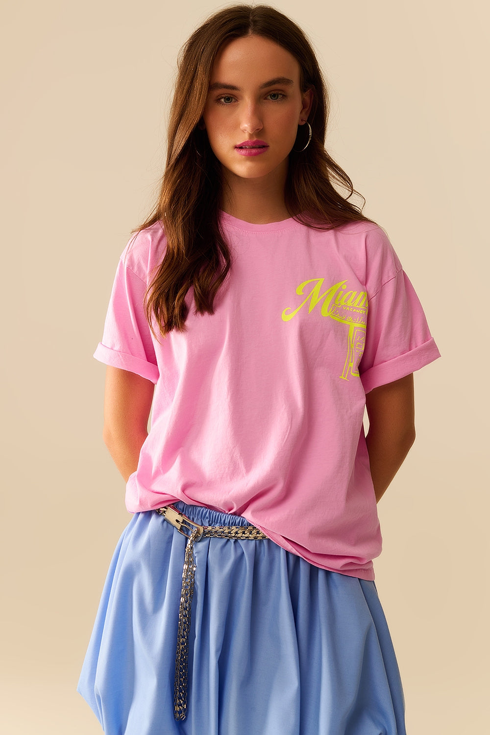 T-shirt rose avec logo Miami imprimé en jaune