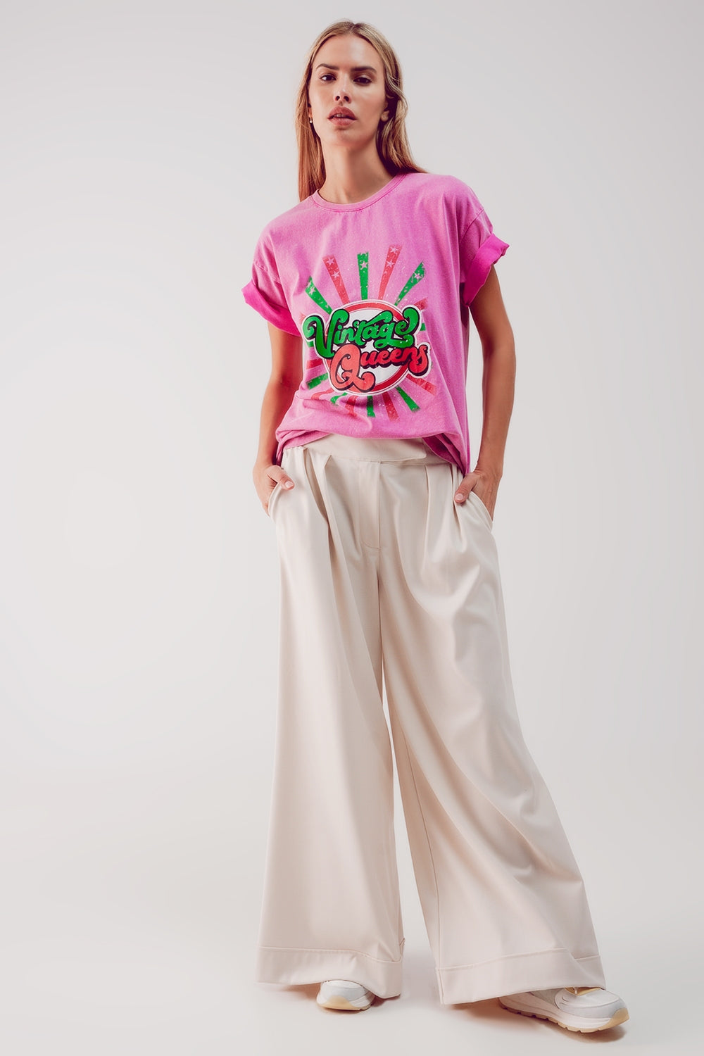 T shirt rose décontracté avec impression graphique Vintage Queens
