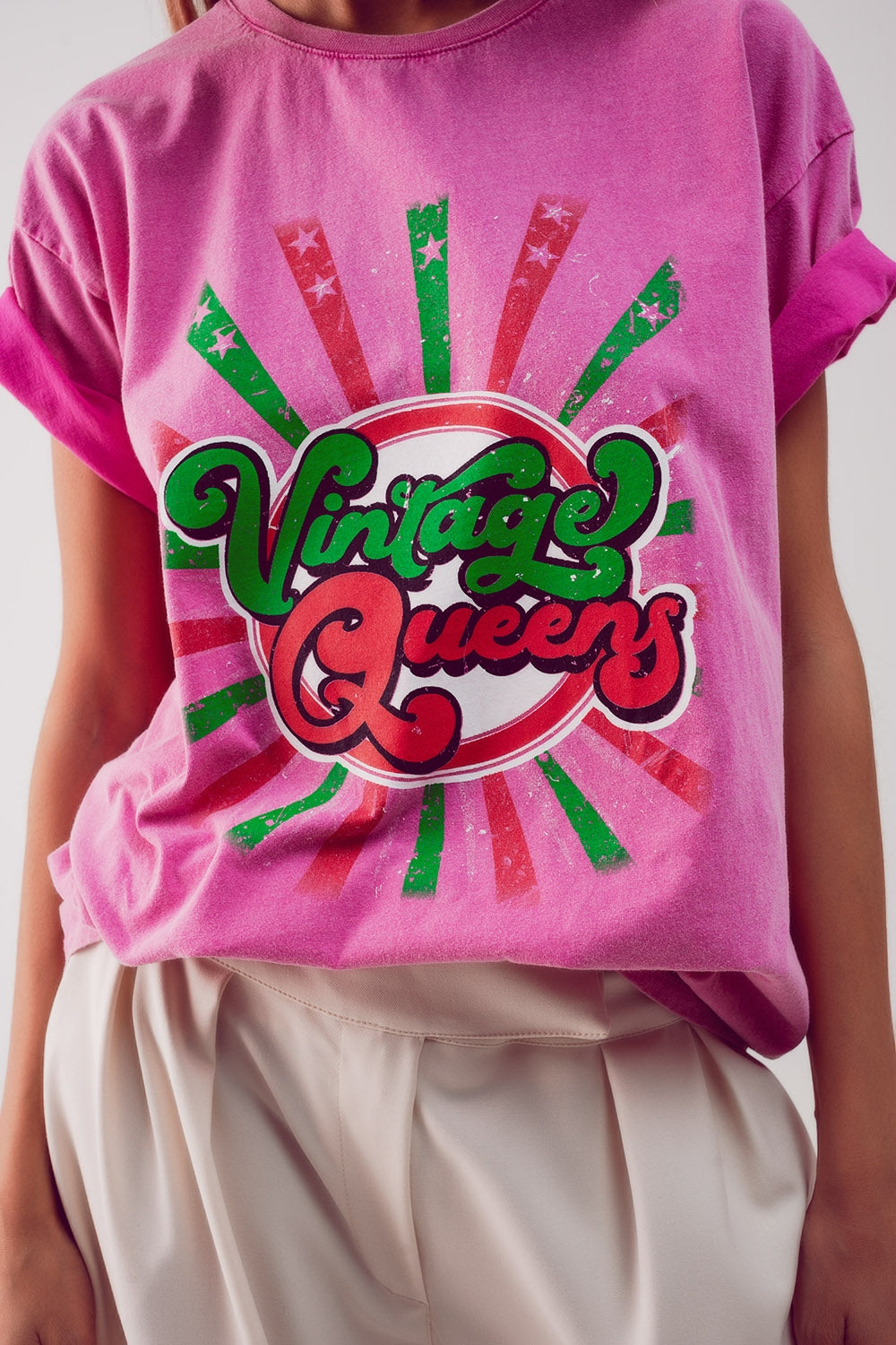 T shirt rose décontracté avec impression graphique Vintage Queens