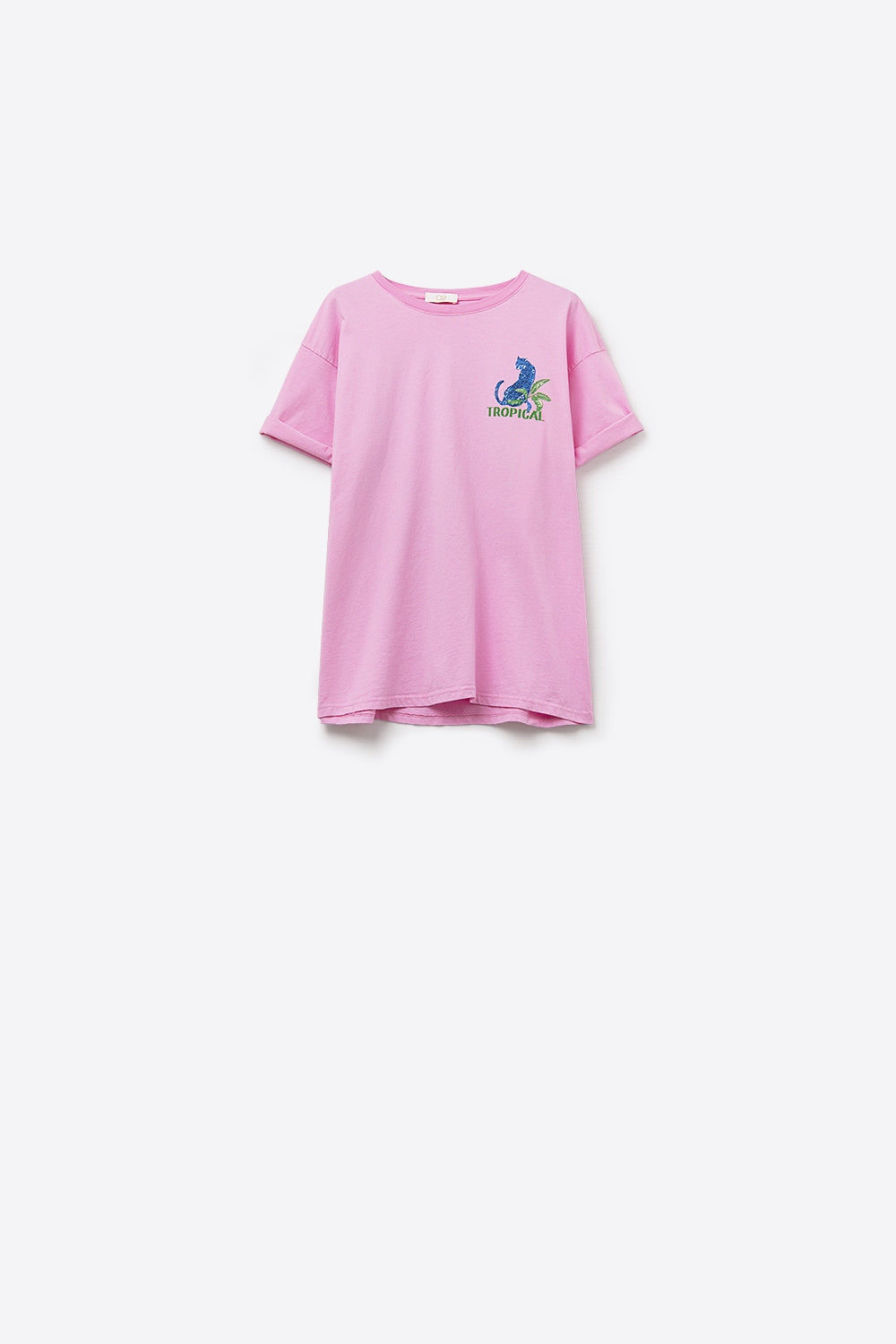 Q2 T-shirt rose fabriqué en Italie avec imprimé graphique tropical