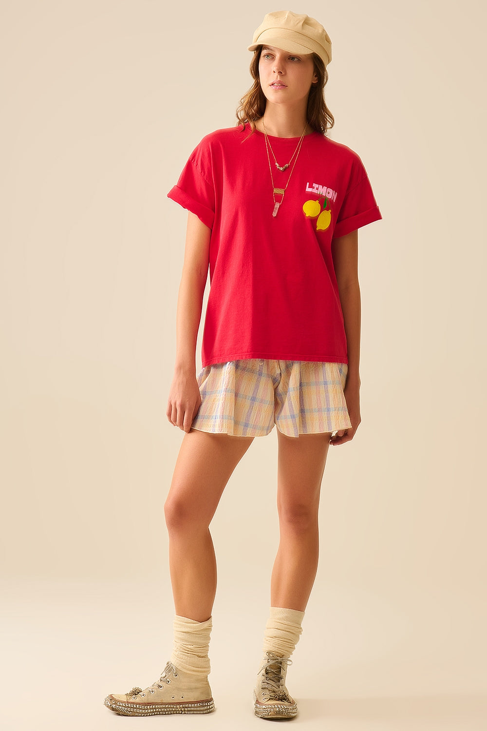 T-shirt rouge décontracté avec imprimé citron fabriqué en Italie