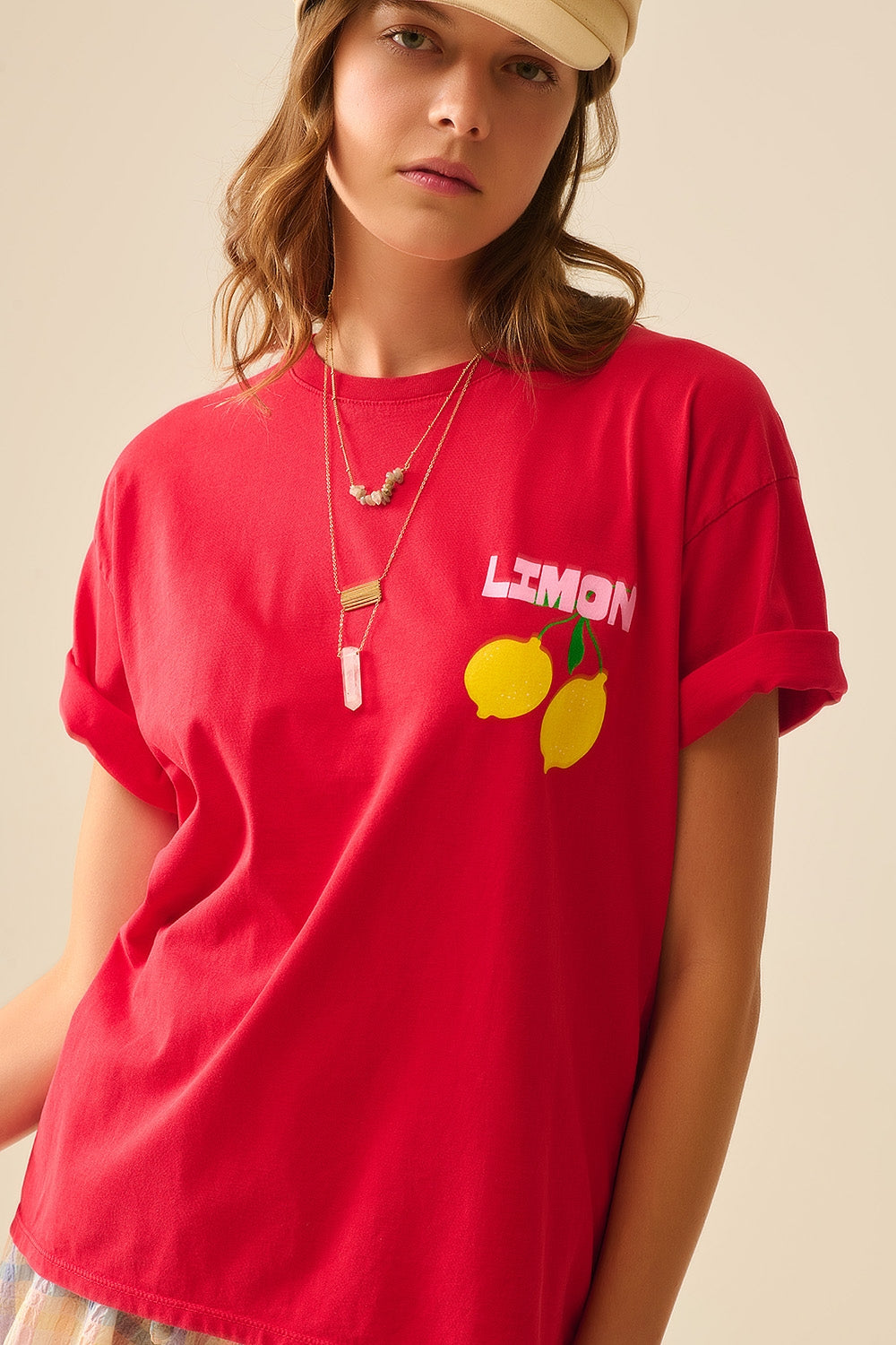 T-shirt rouge décontracté avec imprimé citron fabriqué en Italie