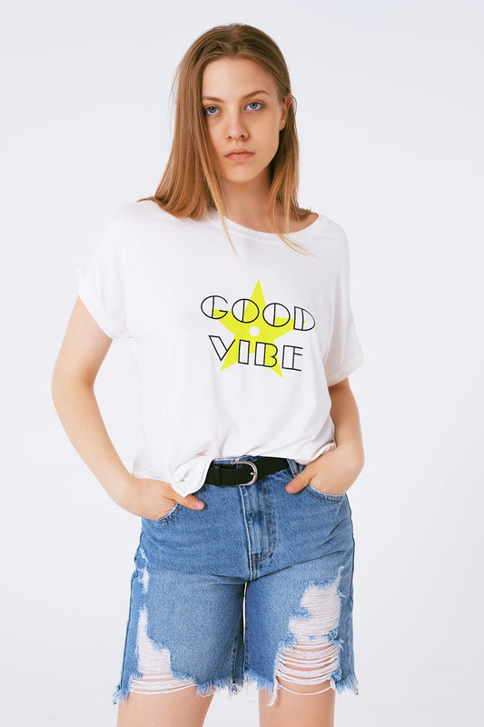 Q2 Tee-Shirt collier bateau Coupe décontractée Imprimé good vibe fluor