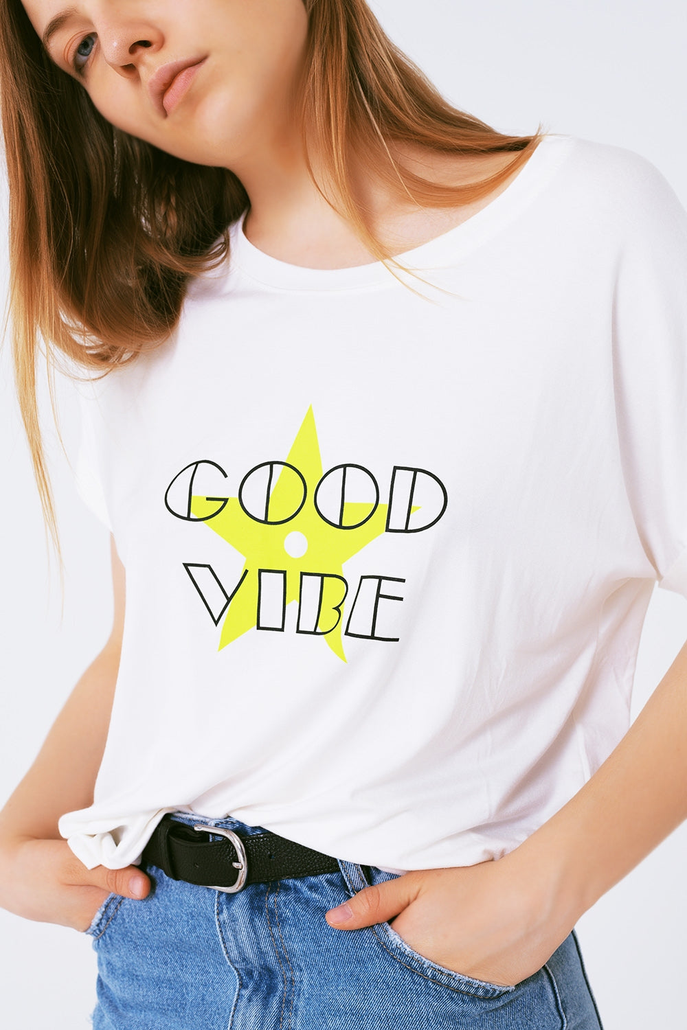 Tee-Shirt collier bateau Coupe décontractée Imprimé good vibe fluor