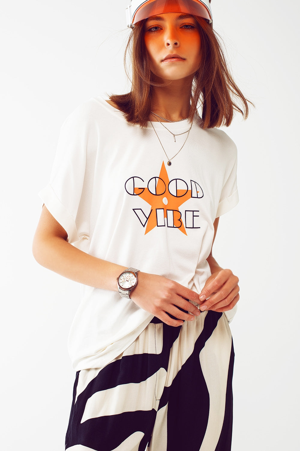 Q2 Tee-Shirt collier bateau Coupe décontractée Imprimé good vibe Orange