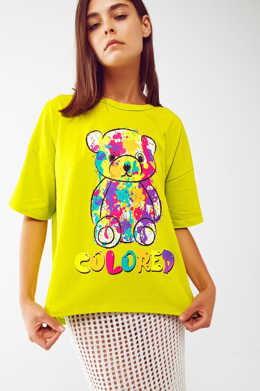 Q2 tee-shirt lime ample avec ours couleuré