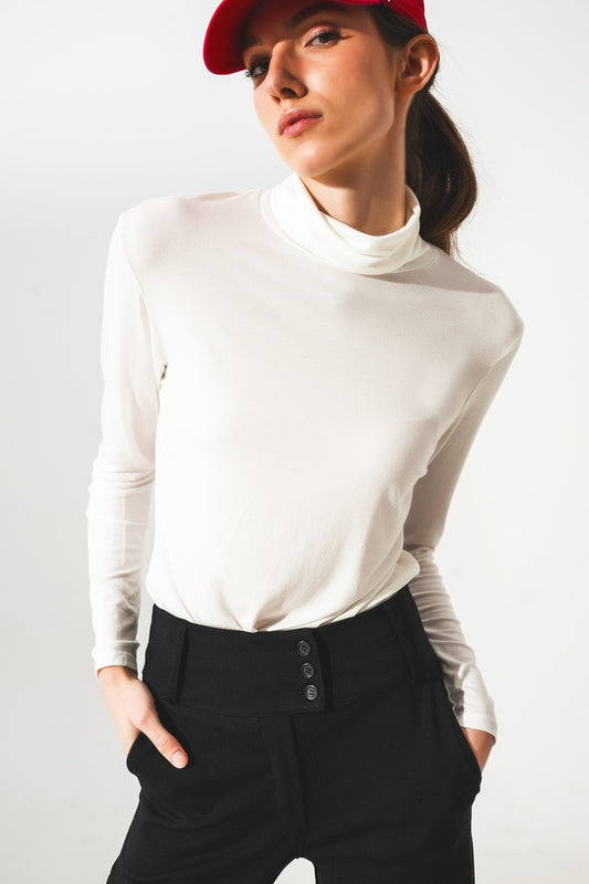 Q2 Top à col haut tissu modal et à manches longues en creme