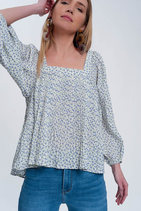 Q2 Top à fleurs avec manches bouffantes et encolure carrée bleu