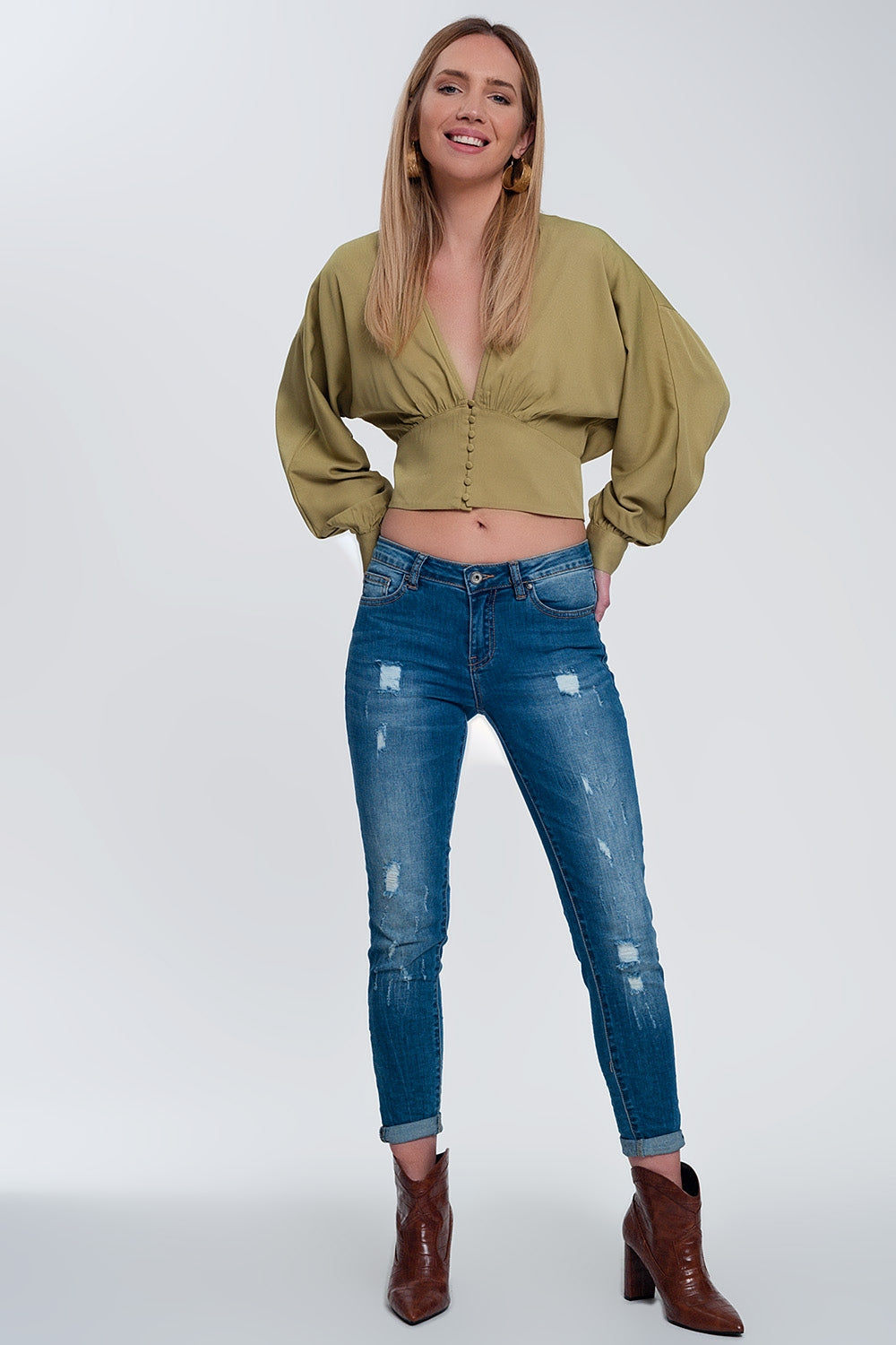 Top à manches bouffantes vert
