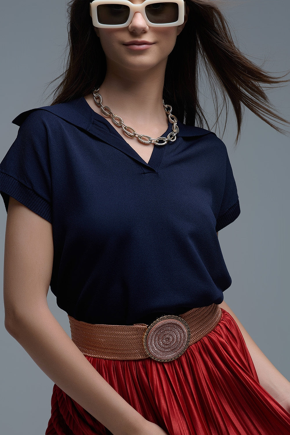 Top à manches courtes de type polo en tricot fin marine