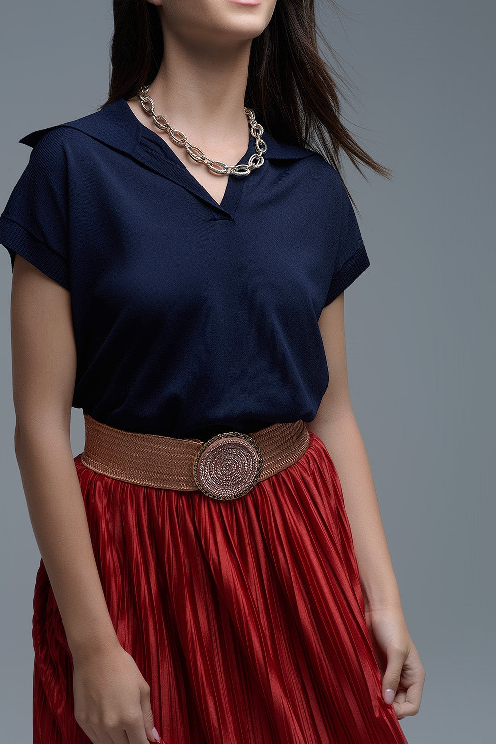 Top à manches courtes de type polo en tricot fin marine