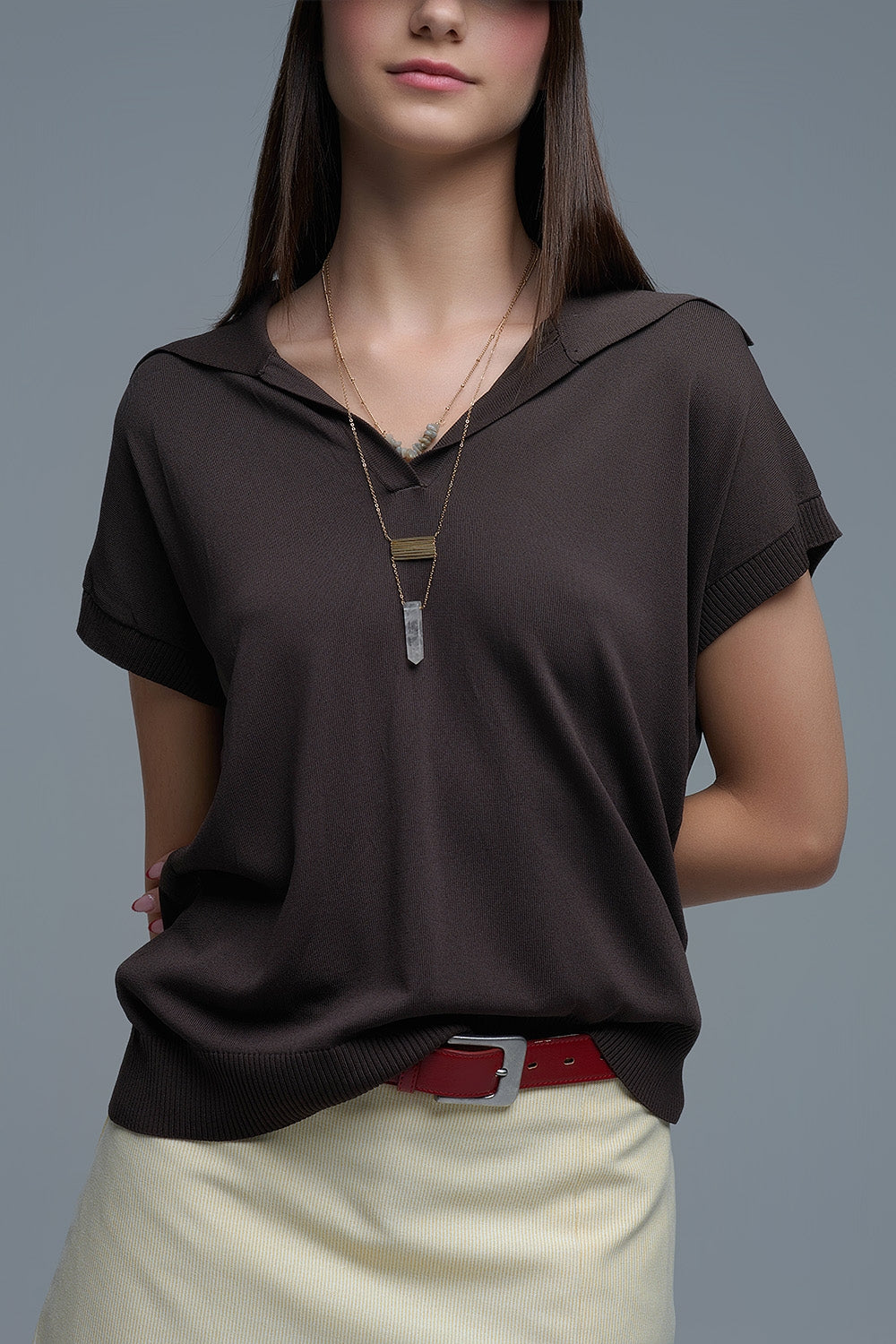 Top à manches courtes de type polo en tricot fin marron