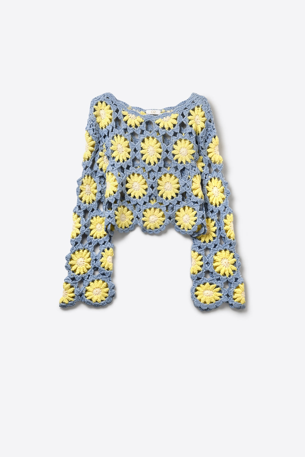 Top à manches longues bleu et jaune avec marguerite en crochet