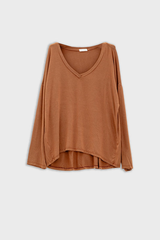 Q2 Top à manches longues en modal de haute qualité et col V beige
