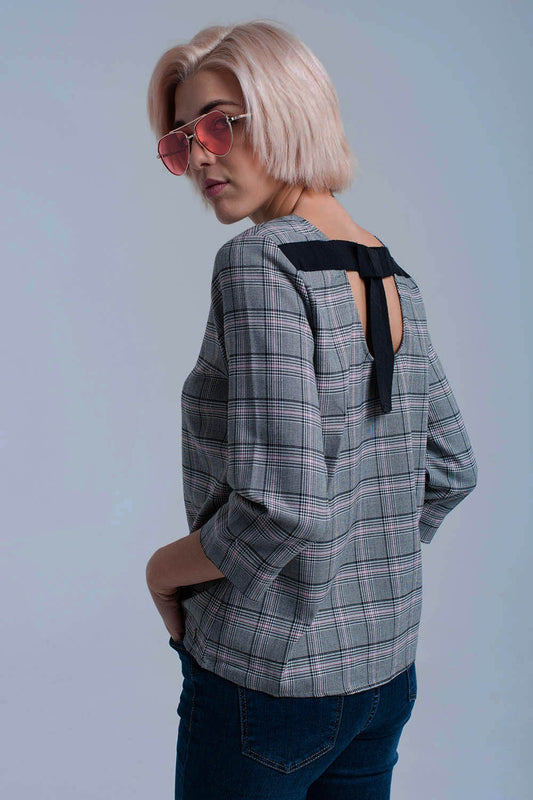 Q2 Top à motif tartan rose avec rubans