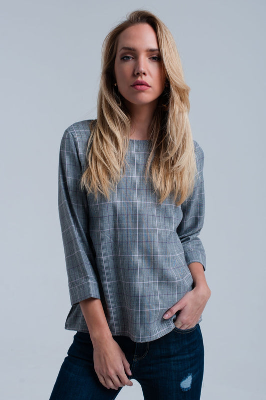 Q2 Top à motif tartan violet avec rubans