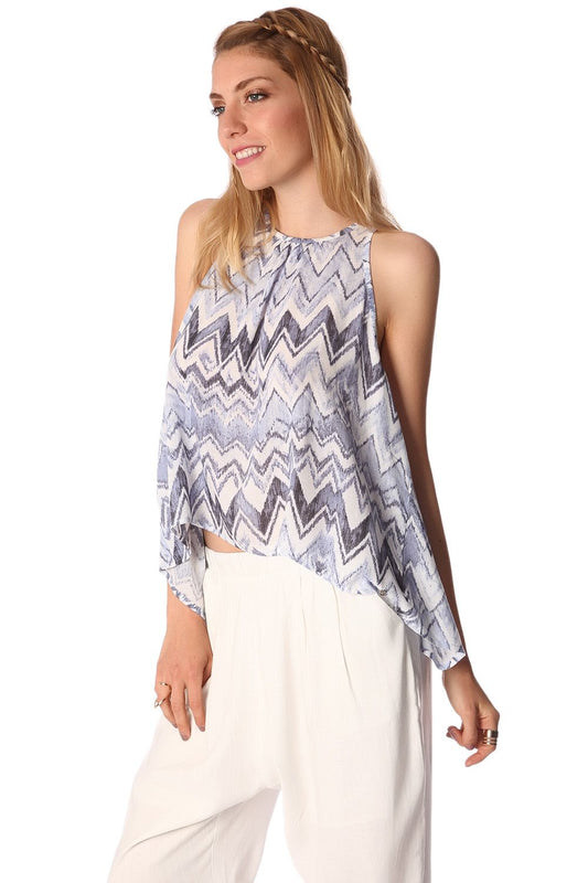 Q2 Top à ourlet asymétrique et imprimé zigzag bleu