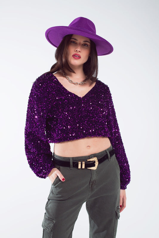 Q2 Top à paillettes violet avec décolleté en V manches ballon et dos ouvert