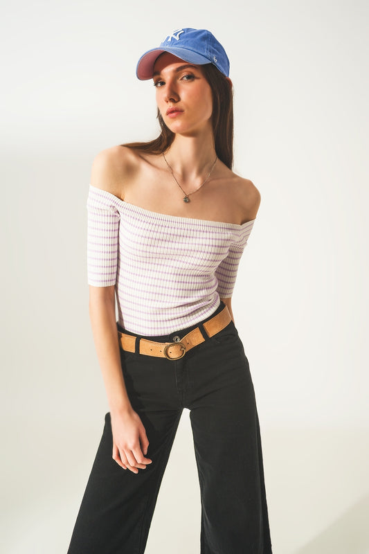 Q2 Top à rayures à encolure Bardot lilas