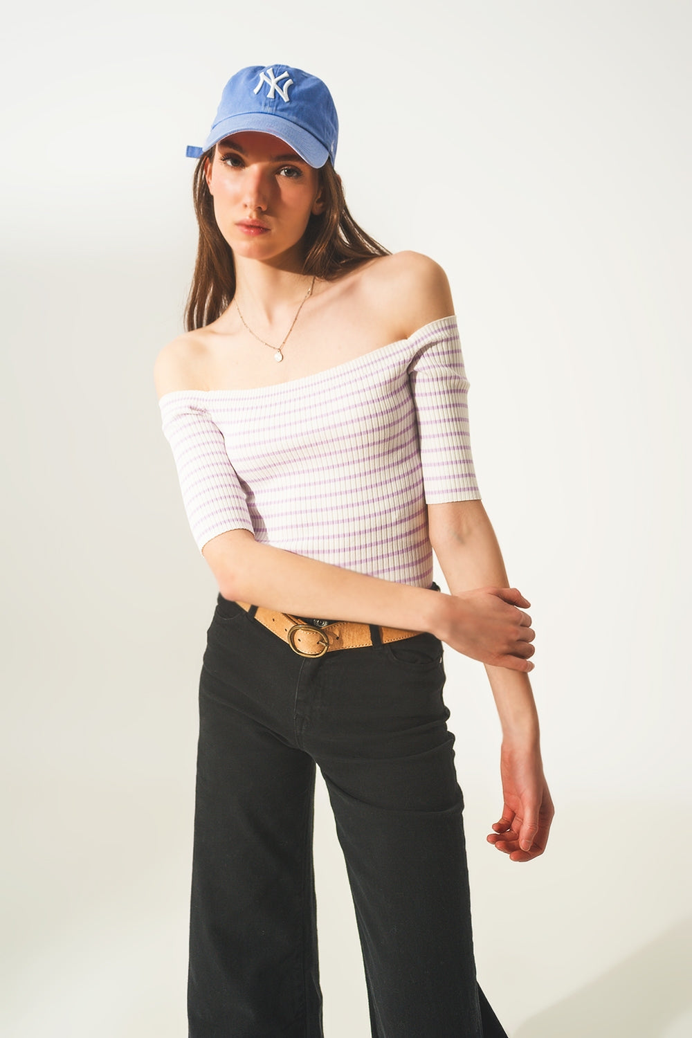 Top à rayures à encolure Bardot lilas