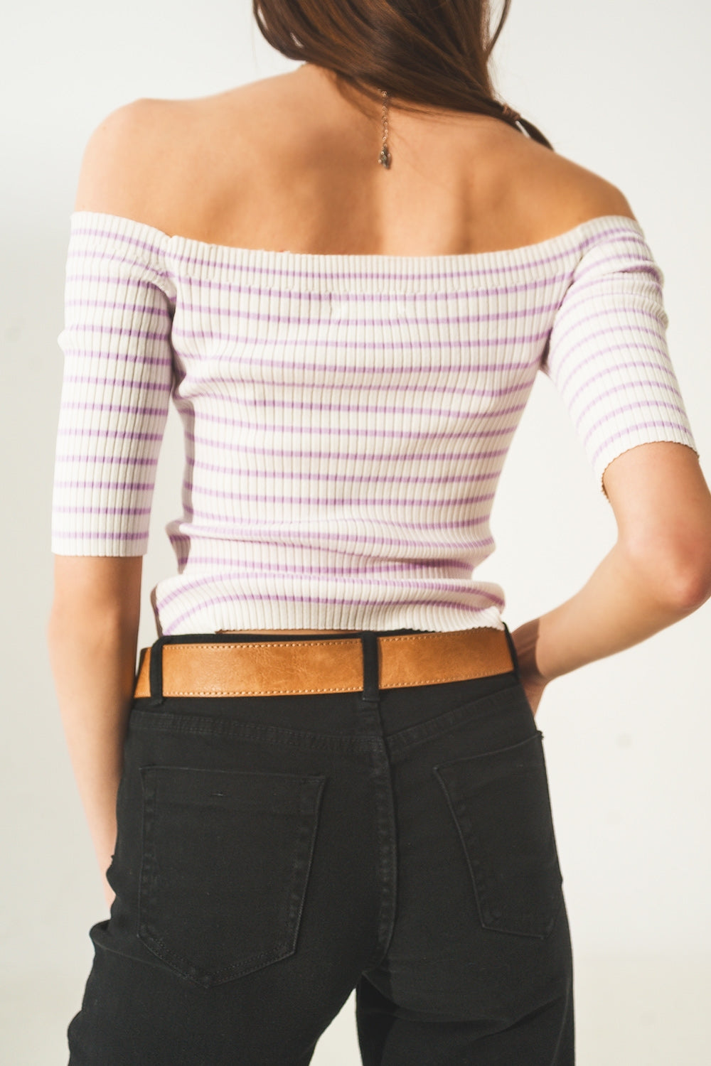 Top à rayures à encolure Bardot lilas