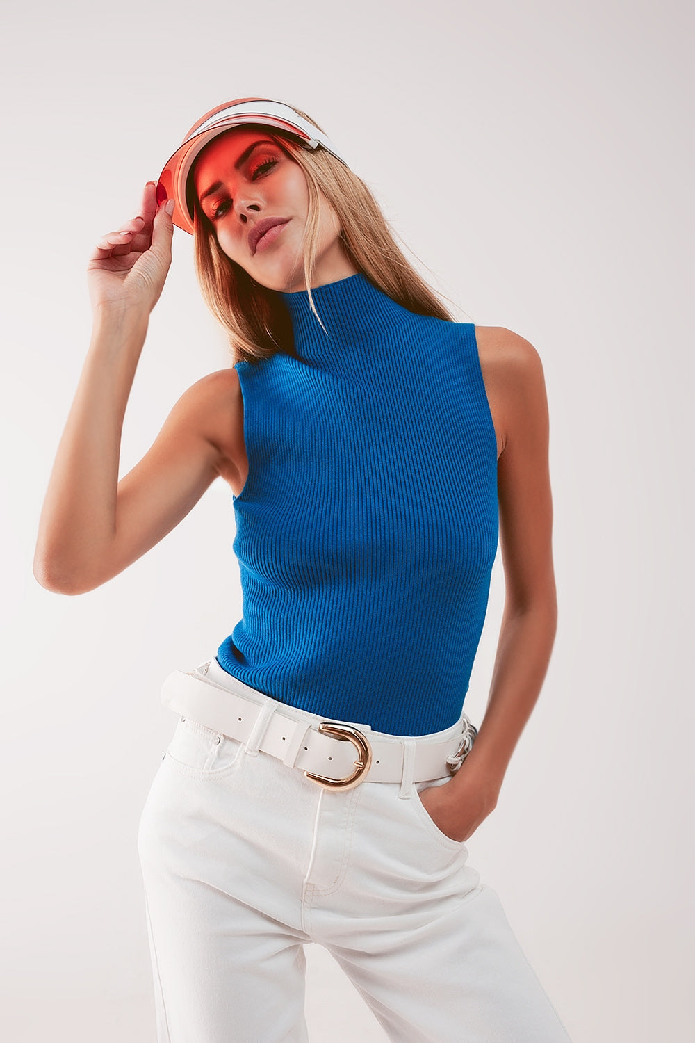 Top col montant d'ensemble en maille bleu