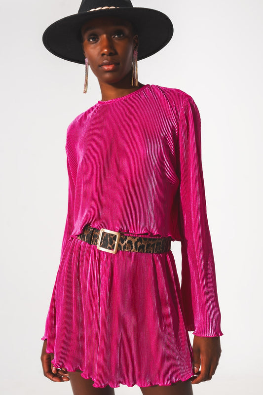 Q2 Top court à col rond plissé en fuchsia