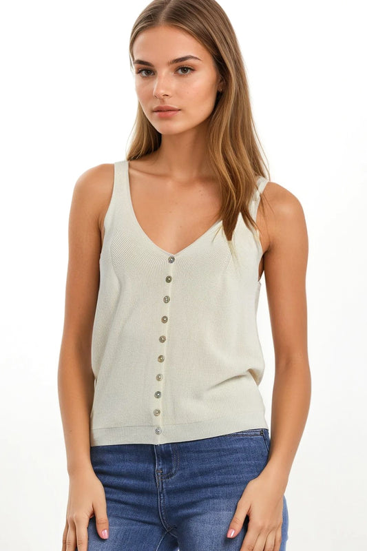 Q2 Top court boutonné en tricot beige