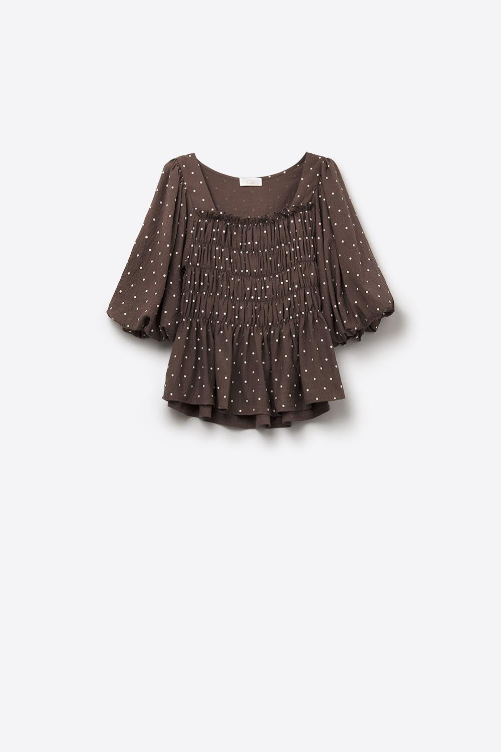 Top court chic marron à pois ajusté à la taille