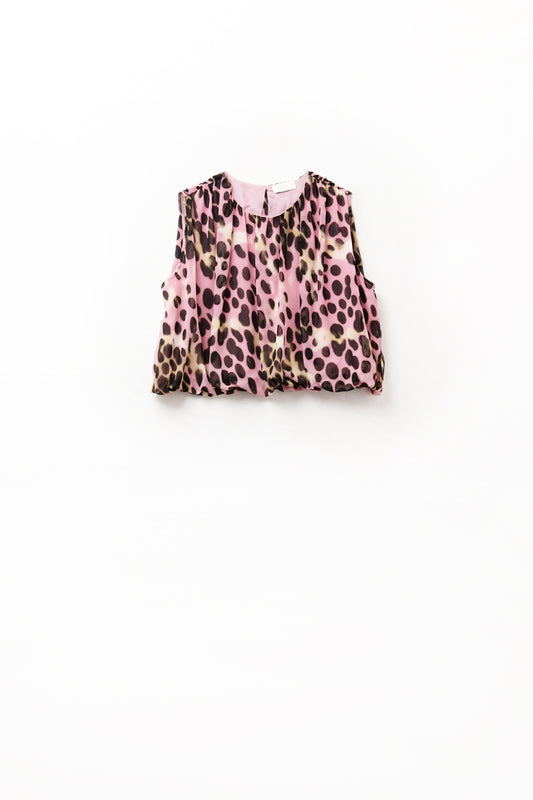 Q2 Top court plissé à imprimé animalier en rose et marron