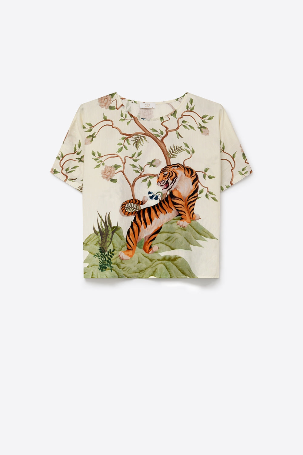 Q2 Top court tissé léger à imprimé tigre et floral en crème