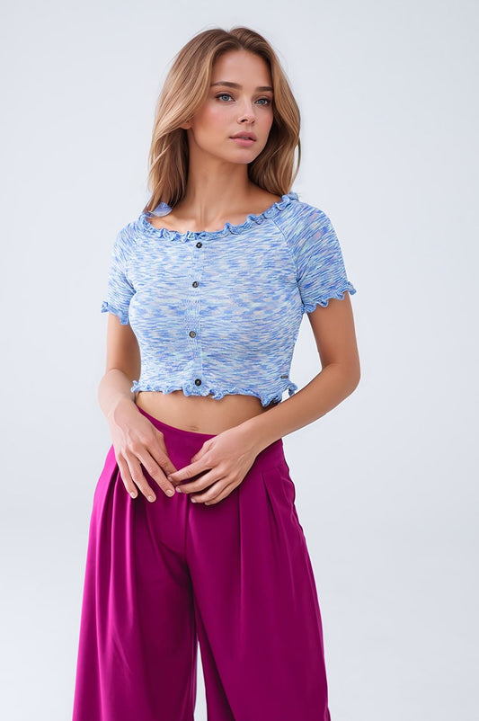 Q2 Top croisé en tricot à épaules dénudées bleu