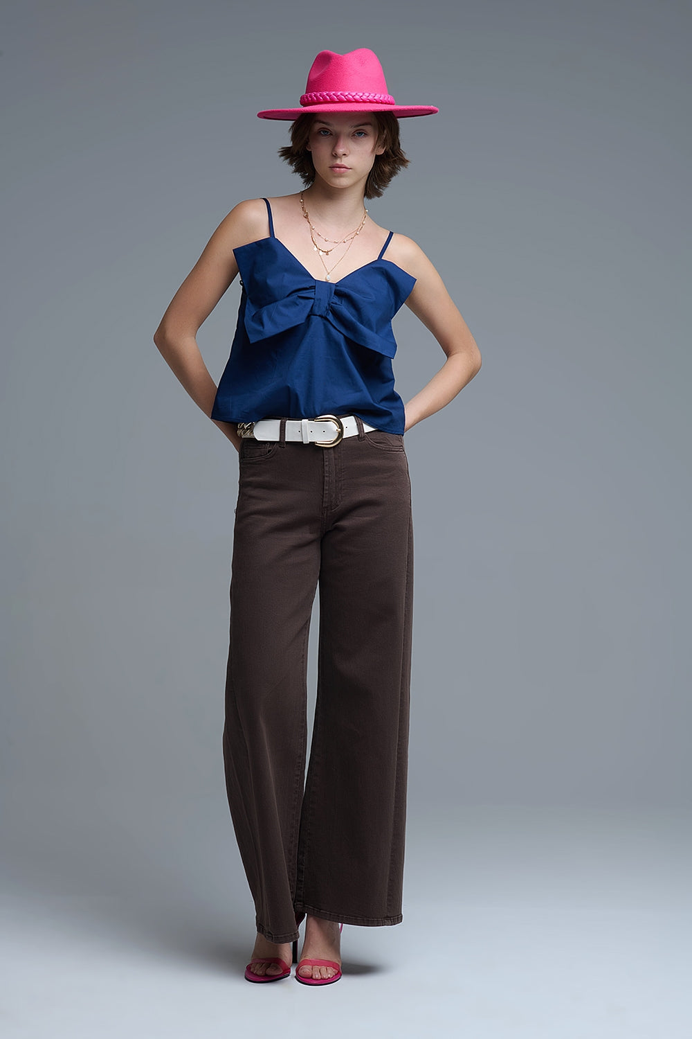 Top crop en popeline marine avec nœud