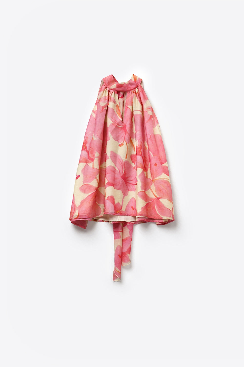 Top dos nu en mousseline florale rose