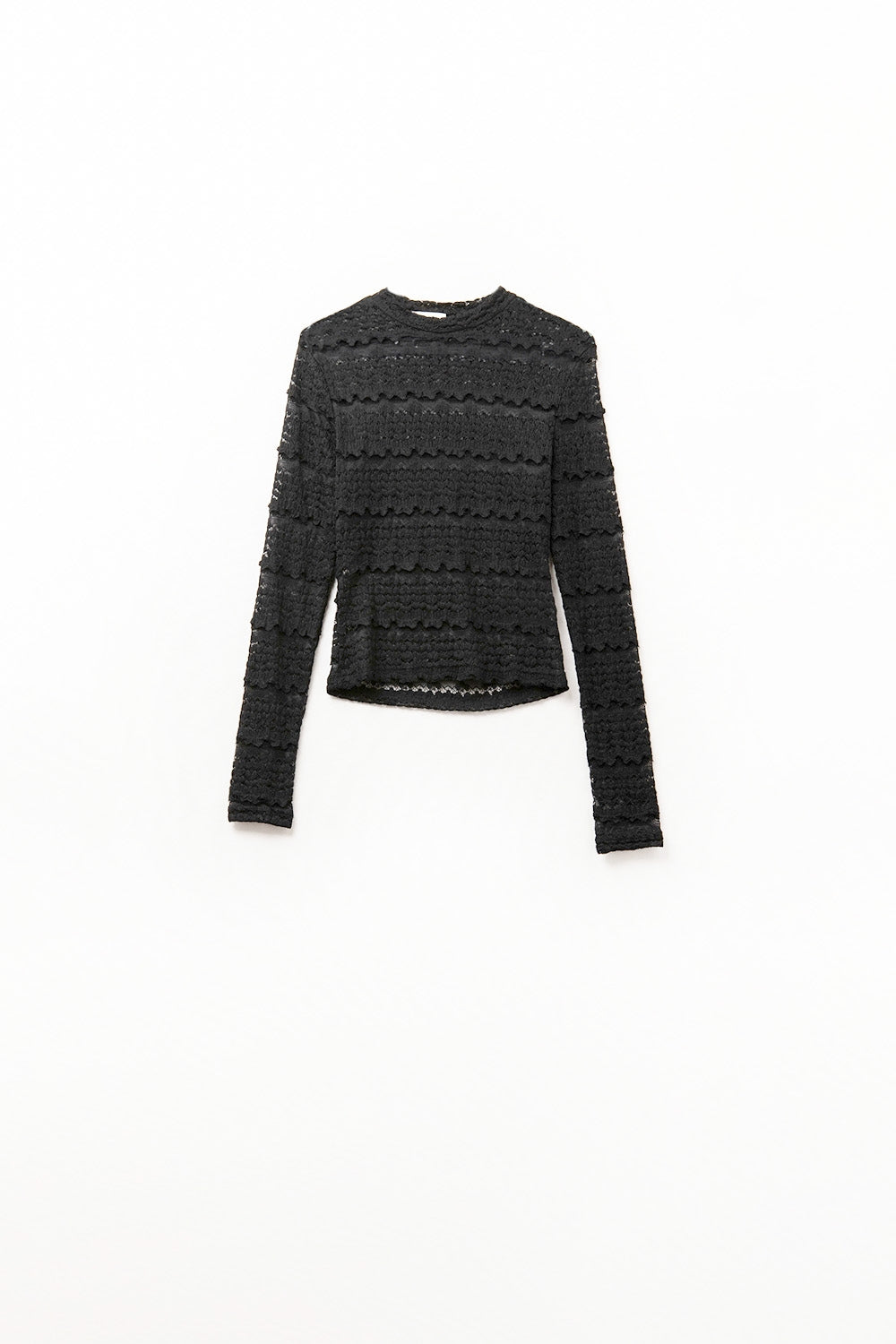 Q2 Top en Dentelle Florale avec Col Rond en Noir