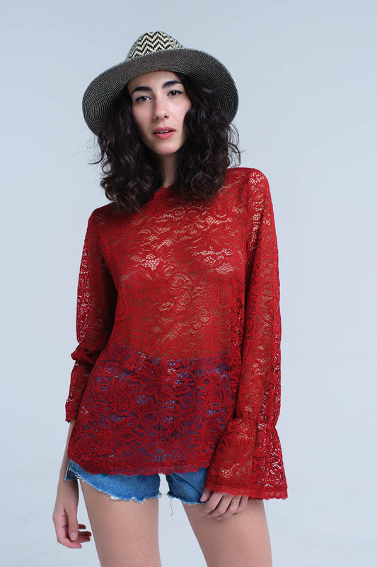 Q2 Top en dentelle transparente bordeaux avec manches cloche