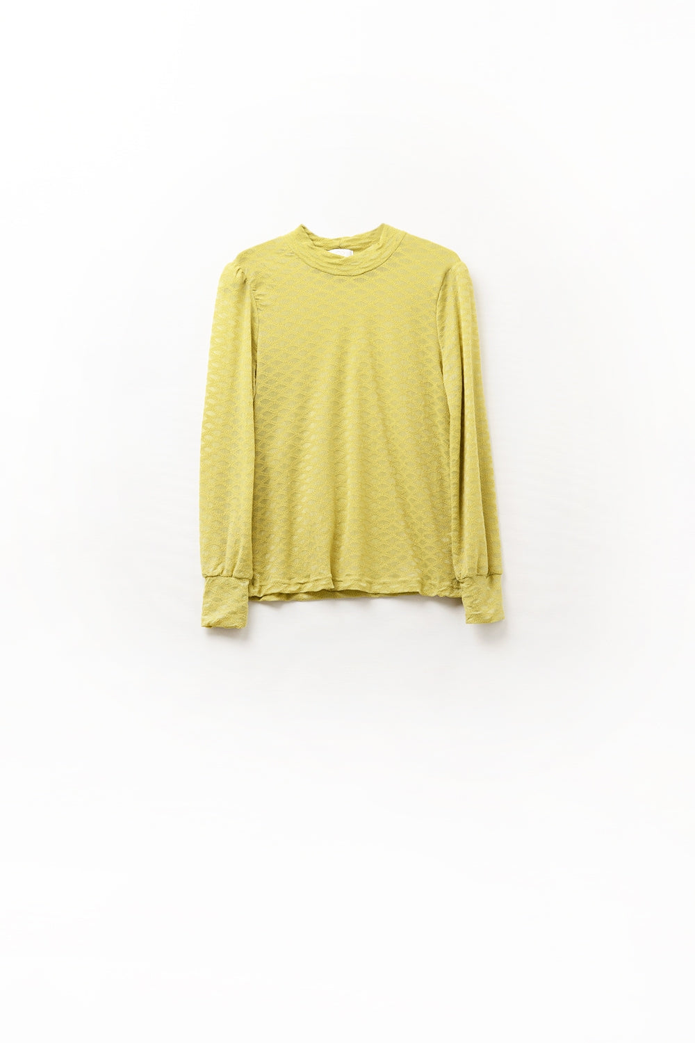 Q2 top en dentelle verte avec col montant et détails des poignets