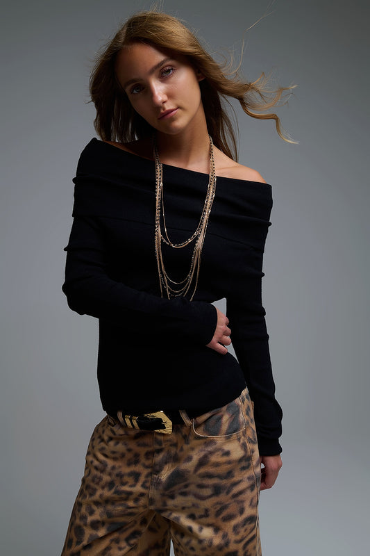 Q2 Top en tricot à col bateau et épaules courtes noir