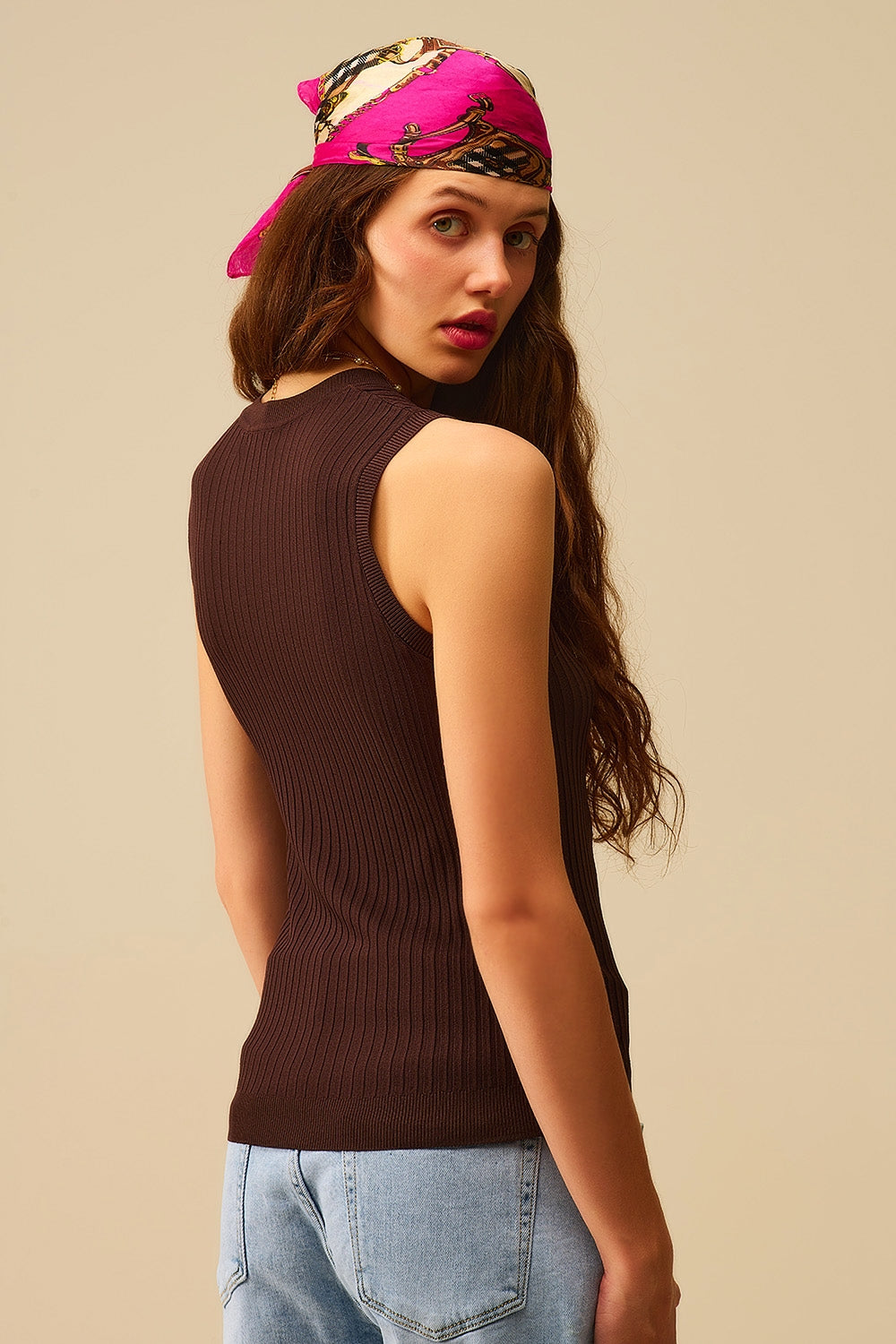 Top en tricot ˆ manches c™telées marron